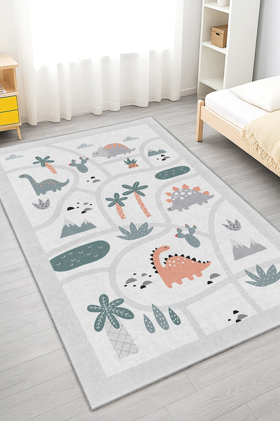Home Dinozor Temalı Renkli Desenli Yıkanabilir Kaymaz Taban Halı