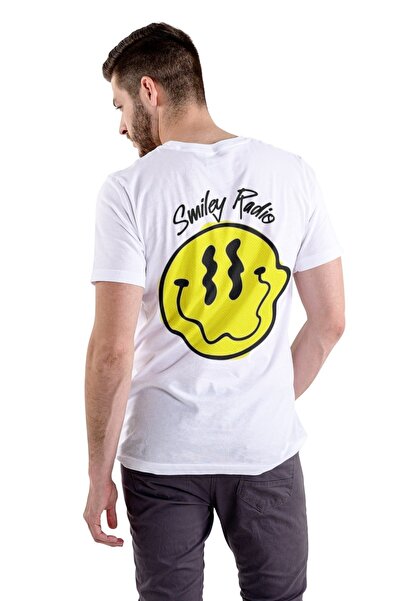 Texclusive تيشيرت سمايلي راديو أبيض للجنسين مطبوع من الخلف
