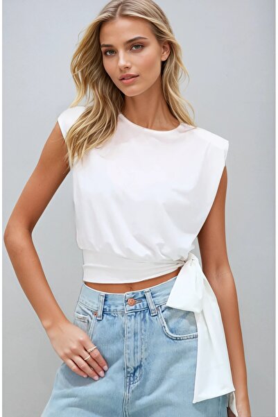 OLSAMODA Women's Sleeveless Flexible Sandy Fabric Padded Blouse with Waist Belt