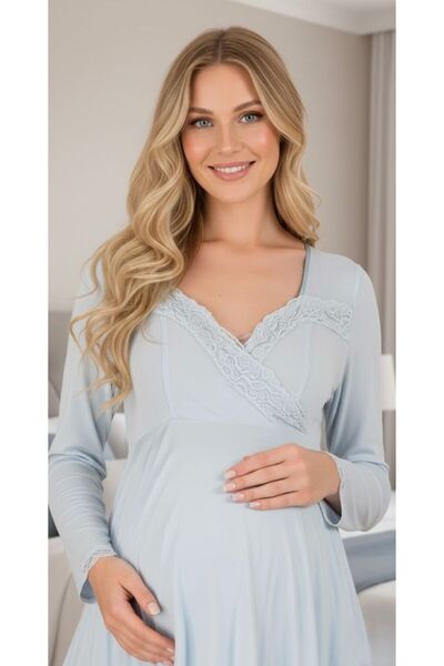 PREGNANT WORLD New Season Blue Long Sleeve Elegant Lace Detailed Special Desi...