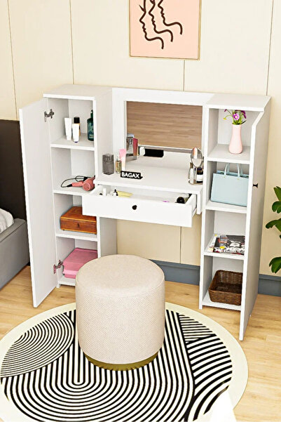 BAGAX Aynalı Makyaj Masası - Çekmeceli, 2 Yan Dolaplı, Çok Raflı Ünite, Fonks...