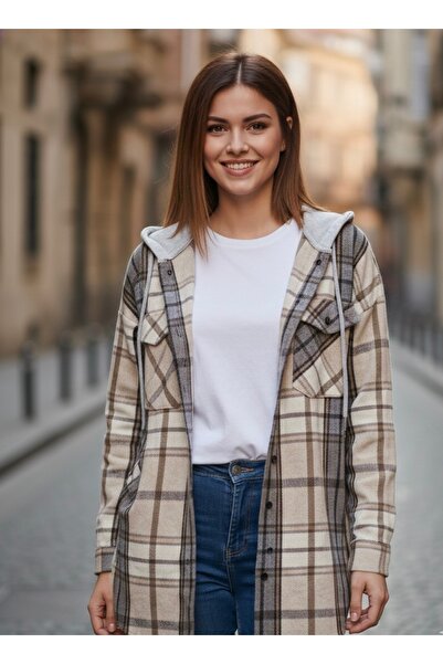 Polologin Butik Women's Coffee Beige Hooded Plaid Lumberjack Shirt Jacket - O...