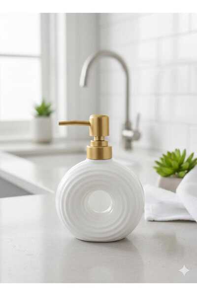 Funny Life Modern Donut Ceramic Liquid Soap Dispenser - White with Gold Detail