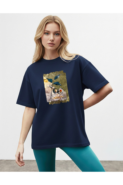 caddekombin Women's Oversize Blue Leaf Printed Navy Blue T-Shirt