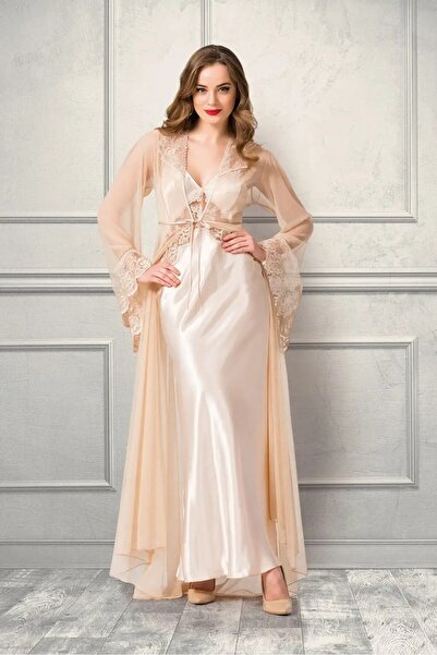For Dreams 4977 Saten Uzun Gecelik ve Sabahlık Takımı Dantel Detaylı 2li Takım