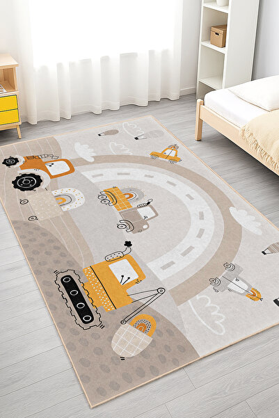 Home Mavi Ve Turuncu Araç Desenli Yıkanabilir Kaymaz Taban Çocuk Odası Halısı