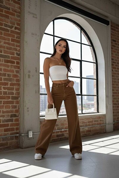 Trn JNS Christian Lycra Women's Brown Super High Waist Loose Leg Denim Jeans ...