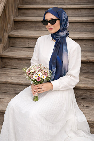 MİNELEŞARP34 Mineşarpt Navy Blue Rose Patterned Bamboo Shawl – Breathable, An...