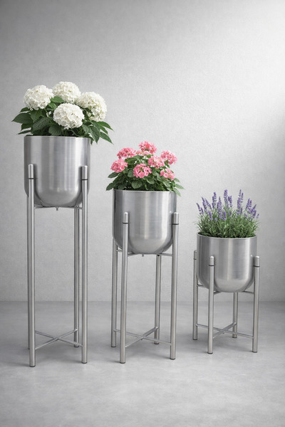 Valda ATLAS 3 LÜ 75-60-45 CM AYAKLI GÜMÜŞ SAKSILIK SET ÇAP 25 CM