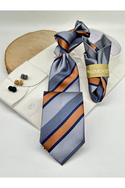 Gutiero Cravată clasică cu batistă cu dungi gri
