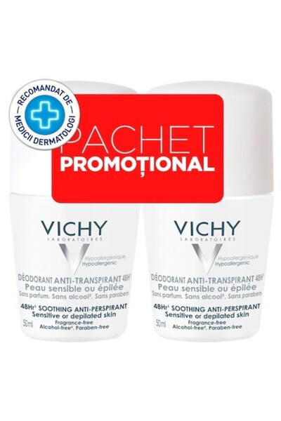 Vichy Set deodorant antiperspirant roll-on pentru ten sensibil, 48h, 2 x 50 ml