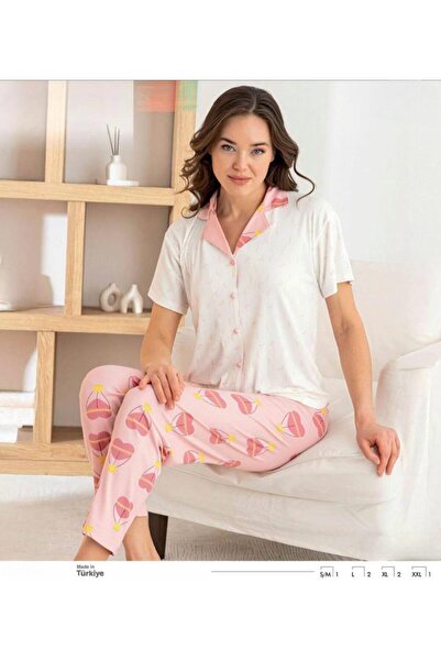 İpek Women's Short Sleeve Front Buttoned Heart Pattern Modal Ribbed Pajama Set