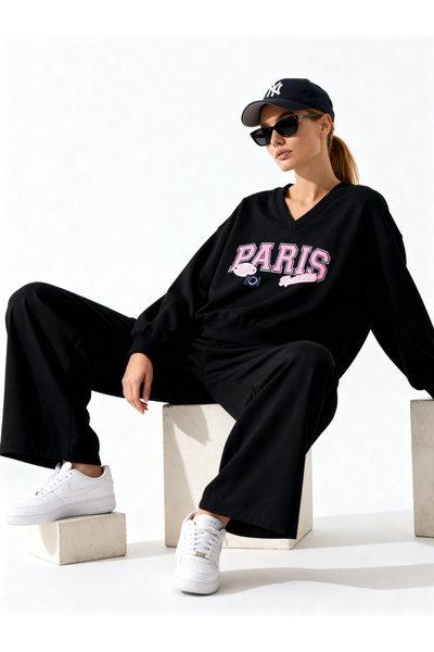 ALİKA Paris Printed V-Neck Wide-Leg Casual Stylish Top and Bottom Tracksuit Set