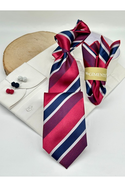 Gutiero Cravată clasică cu dungi, culoare burgundy și bleumarin, cu batistă