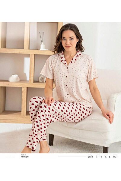 İpek Women's Short Sleeve Front Buttoned Polka Dot-Kiss Pattern Modal Ribbed ...