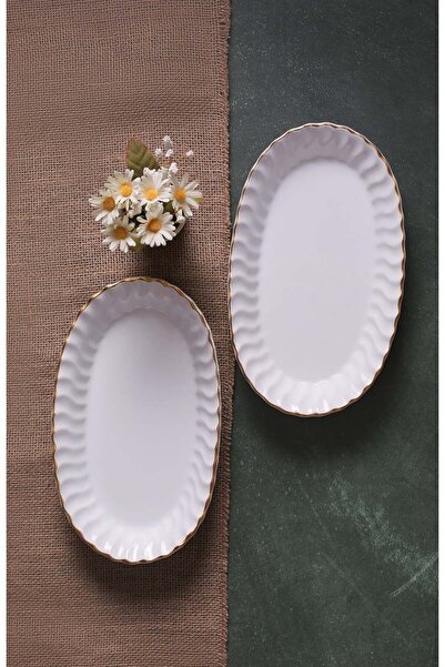 Empressco Yaldızlı Oval Servis ve Salata Tabağı Seti, Beyaz, Şık ve Zarif Tas...