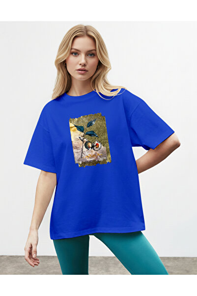 caddekombin Women's Oversize Blue Leaf Printed Saks Blue T-Shirt