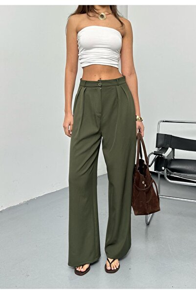 QUASAR Fashion New Season Double Pleated Woven Fabric Buttoned Wide-Let Palaz...