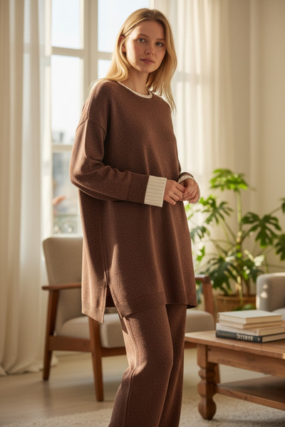 MODA S&S BZLİNE Pleated Sleeveless Knitwear Tunic and Pants Set