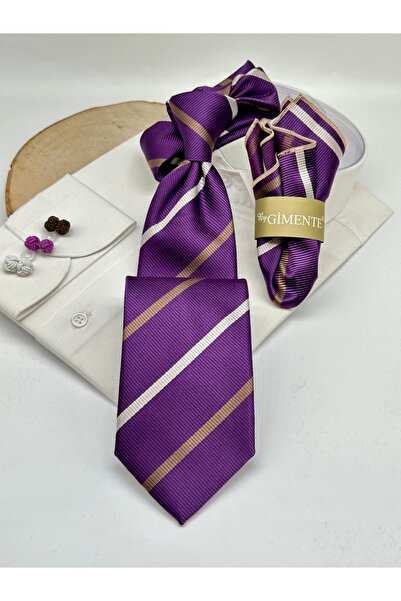 Gutiero ربطة عنق كلاسيكية مع منديل مخطط باللون الأرجواني