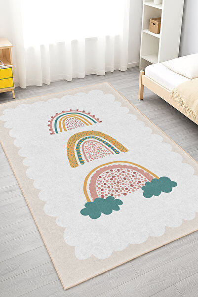 Home Canlı Renkli Gökkuşağı Desenli Yıkanabilir Kaymaz Taban Çocuk Odası Halısı