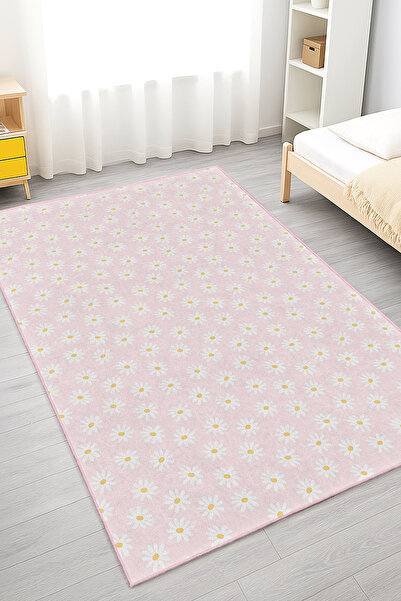 Home Beyaz Papatya Desenli Yıkanabilir Kaymaz Taban Çocuk Odası Halısı