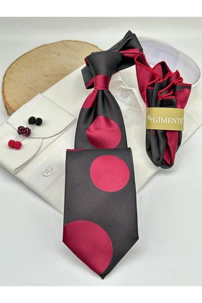 Gutiero Black Burgundy Polka Dot Classic Tie with Handkerchief