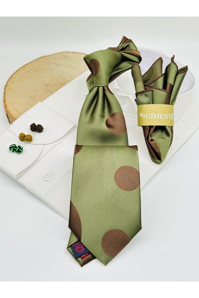 Gutiero Khaki Brown Polka Dot Classic Tie with Handkerchief