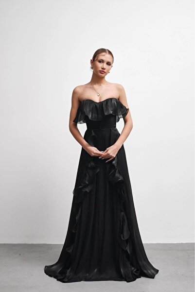 zoezoe SRC Straplez Volanlı Yırtmaçlı Şifon Abiye Elbise