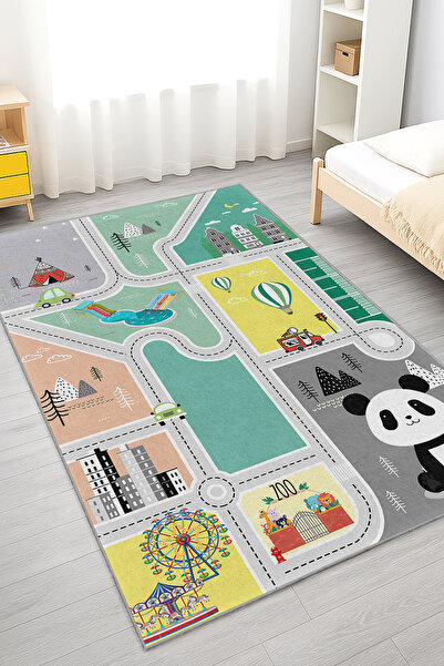 Home Canlı Renkli Şehir Temalı Kaymaz Taban Çocuk Odası Halısı