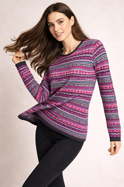 Digz fashion %100 Organic Yün Pembe Karışık Desenli Oversize Triko Kazak
