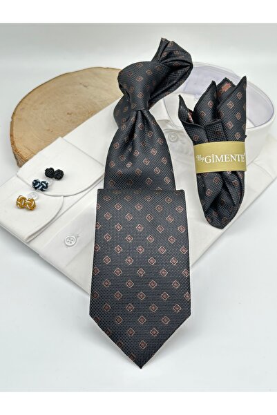 Gutiero Dark Brown Patterned Classic Tie with Handkerchief