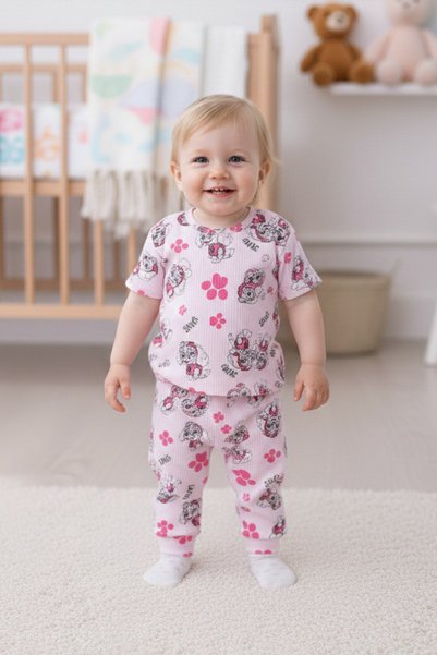 SERRASTIL KIZ BEBEK PİJAMA TAKIMI FİTİLLİ PEMBE RENK PAW DESEN PAMUKLU KISA KOL