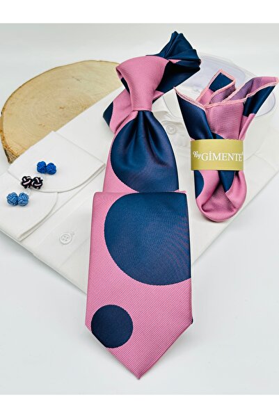 Gutiero Pink Navy Blue Polka Dot Classic Tie with Handkerchief