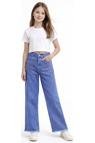 İrem Çocuk Giyim Girl's Blue Color Jeans with Loose Stone Print on the Pocket...