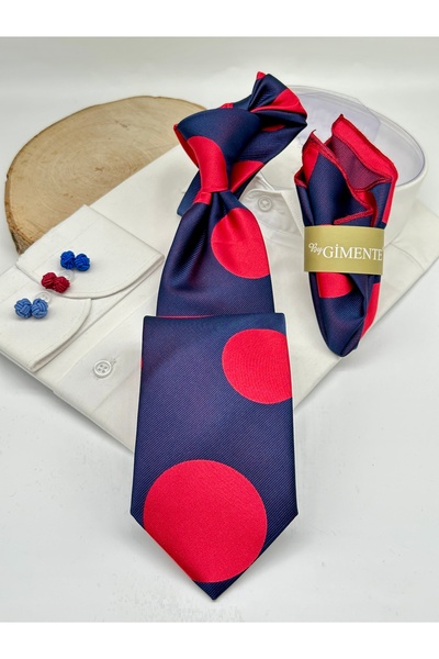 Gutiero Red Navy Blue Polka Dot Classic Tie with Handkerchief