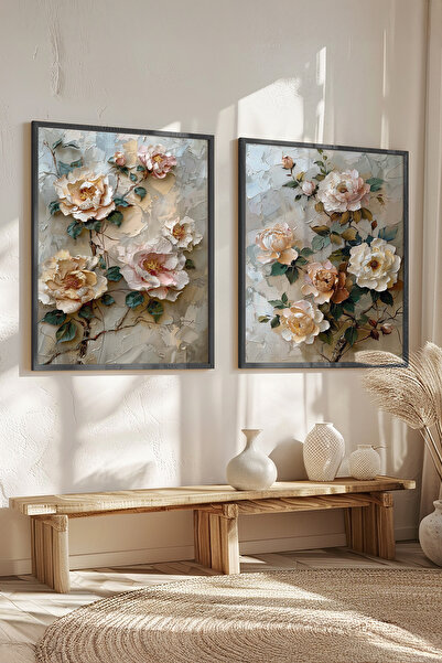 STARYUNA Black Wooden Framed Soft Floral Themed Double Painting Set Yuna533