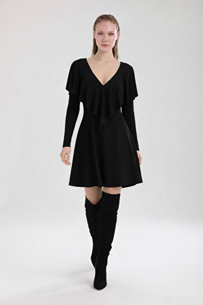 By Yaren Yazıcı Women's Black V-Neck Layered Short Dress – Stylish Casual & E...