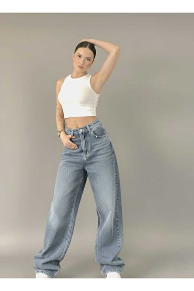 NWC Tropi Women's Blue Snow Acid Wash Buckle Detailed Loose Cut Wide Leg Bagg...