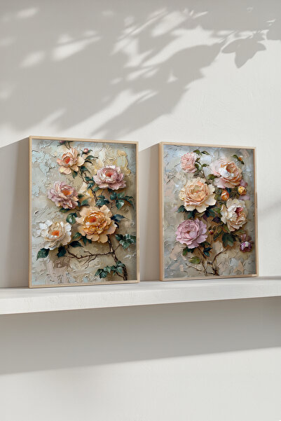 STARYUNA Wooden Framed Vintage Floral Themed Double Painting Set Yuna530