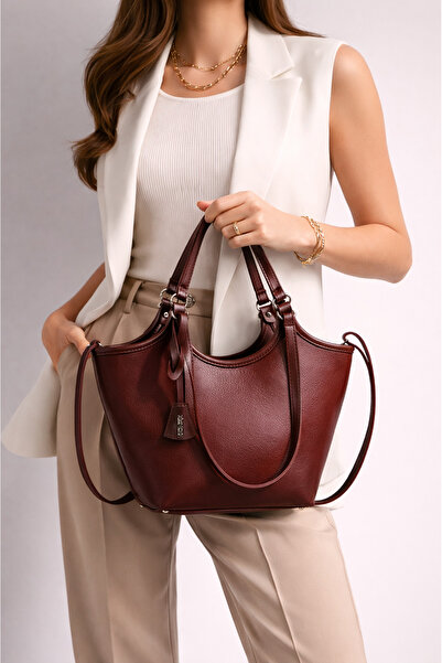 Rimense Geantă de mână și de umăr pentru femei, cu căptușeală bordeaux și fer...