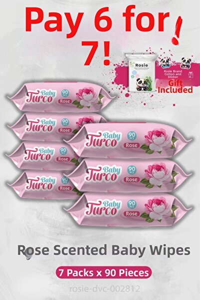 Baby Turco مناديل مبللة للأطفال 90 منديل، برائحة الورد وتصميم روزي