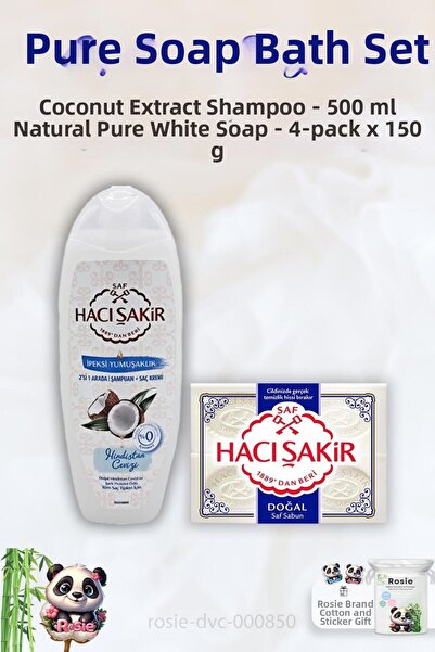 Hacı Şakir Coconut Shampoo 500 ml - Pure Natural Soap 4 x 150 gr and ROSIE