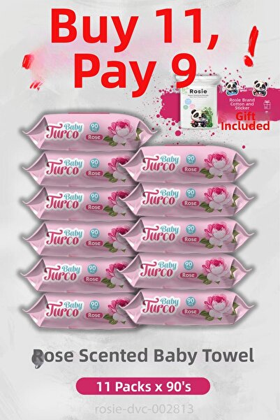 Baby Turco اشتري 11 واحصل على 9 مناديل مبللة للأطفال، 90 منديل معطر بالورد وروزي