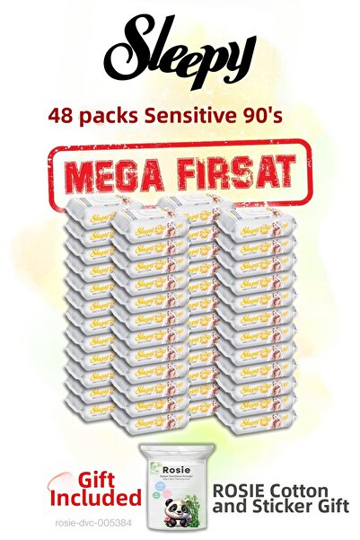 Sleepy مجموعة ميجا 48 مناشف أطفال مبللة حساسة مقاس 90 وقطعة هدية من روزي