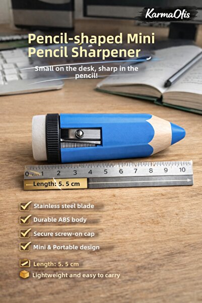 KarmaOfis Pen Shaped Blue Color Mini Pencil Sharpener with Cover 5.5 cm Porta...