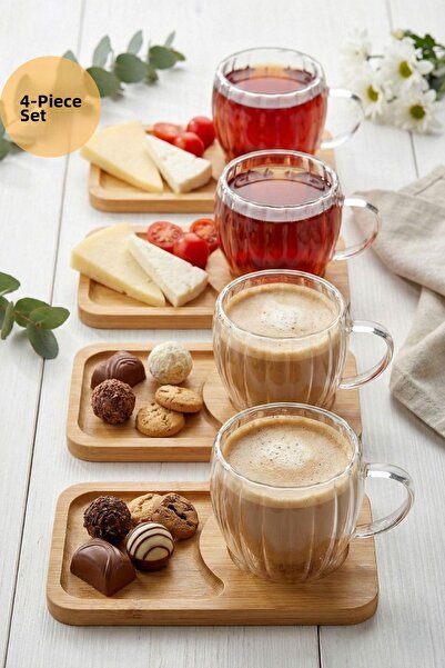 HUBBYCHEF 4-Piece Bamboo Plate and Lid Espresso Coffee Cup Set