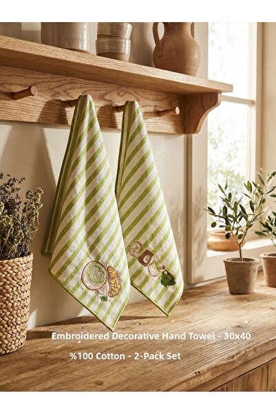 LİONYA DESİGN Matcha & Croissant Embroidered Decorative Hand Towel Set of Two...