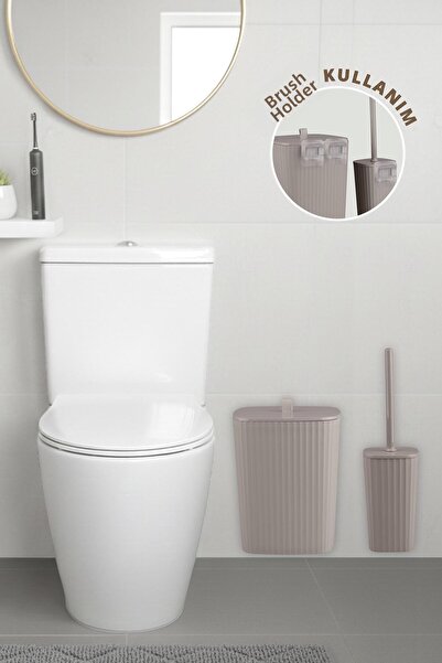 Okyanus Home Sapphire Adhesive Toilet Brush Holder and Trash Can Set Mink 2-P...
