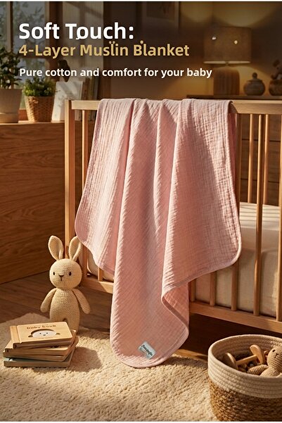 YUNUSOĞLU HOME Pink 4-Layer Muslin Baby Blanket Lightweight and Soft Textured...